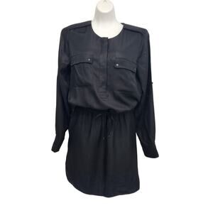 Vince Satin Black Dress Long Sleeve Drawstring Bloused Shirt Dress Women's L